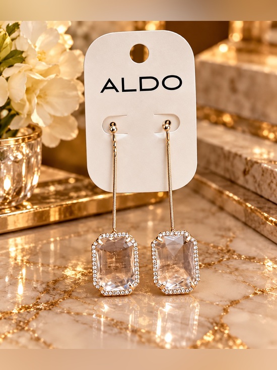Aldo Jewelry - ALDO Gold-Tone Drop Earrings w Clear Crystal Emerald Pendants in Pave Frame